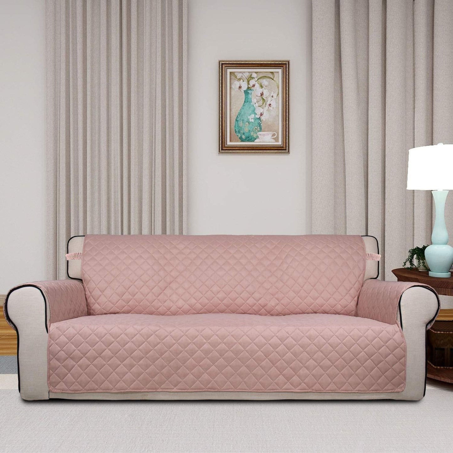 PureFit Reversible Quilted Sofa Cover, Water Resistant Slipcover Furniture Protector, Washable Couch Cover with Non Slip Foam and Elastic Straps for Kids, Dogs, Pets (X Large, Pink/Beige)