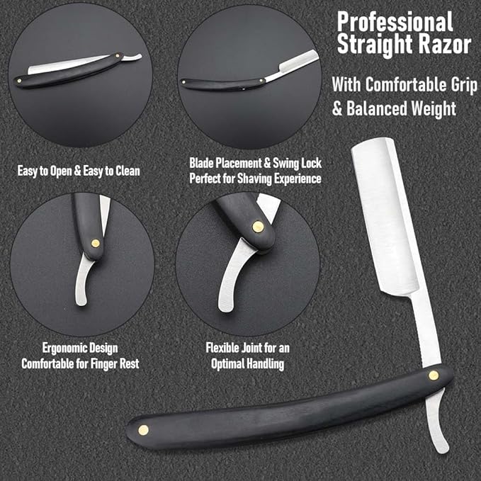 Professional Straight Edge Barber Razor,Straight razors for men, Premium Stainless Steel Shaver Razor with Shaving Strop for Men Home & Salon Grooming Using (NO.188)