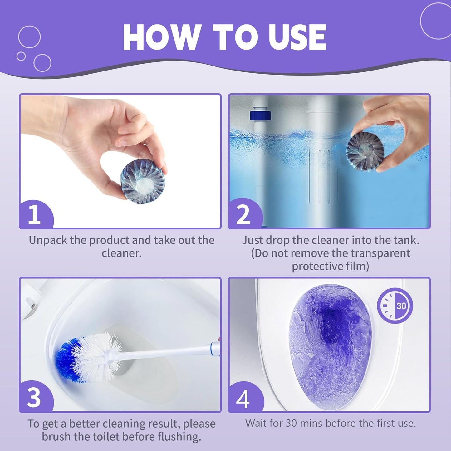 Toilet Bowl Cleaner Tablets, Automatic Toilet Bowl Cleaners, Long-Lasting Toilet Tabs Drop in Tank for Deodorizing & Descaling, Purple, 40 Packs