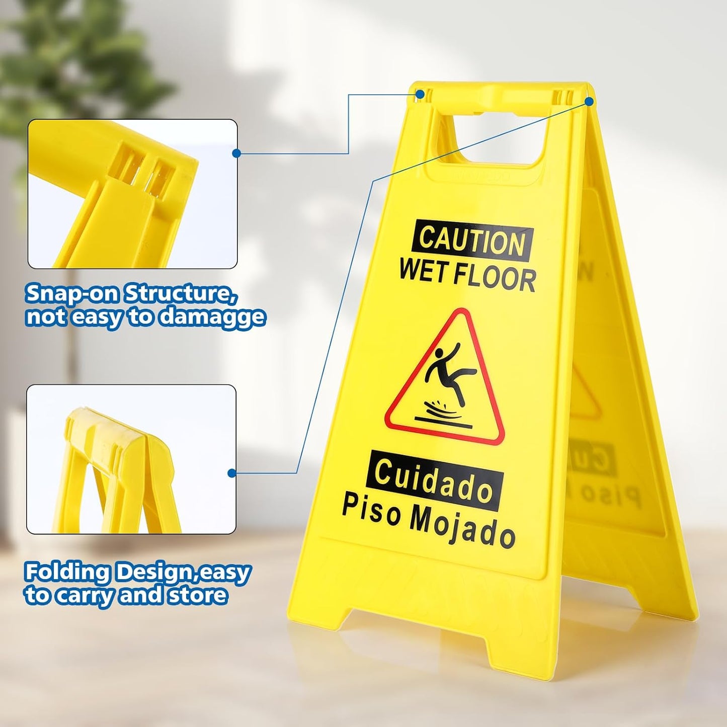3-Pack Caution Wet Floor Sign,17.5" Height,Bright Yellow Double-Sided Folding A-Shaped Frame Design, Bilingual Caution Message