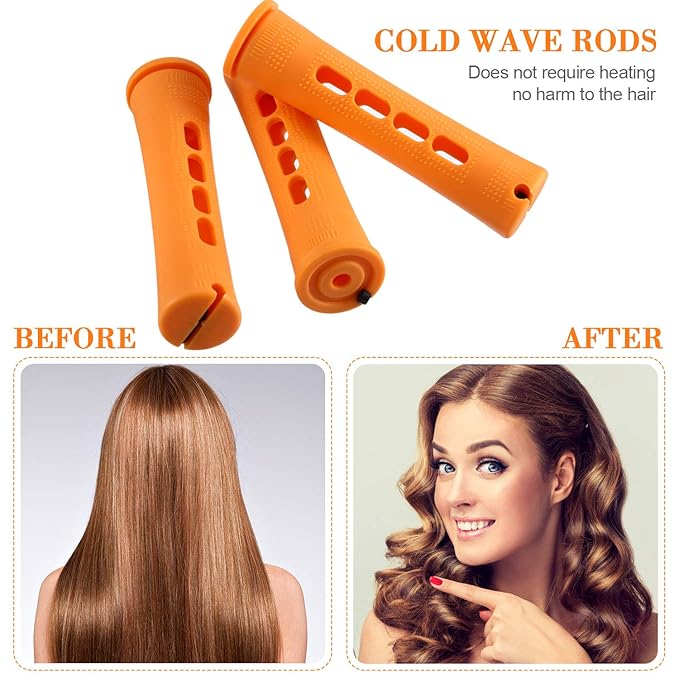 24 Pieces Hair Perm Rods Plastic Cold Wave Perming Curlers Hair Rollers with Steel Pintail Comb Rat Tail Comb Tools for Hairdressing Styling(Orange,0.87inches)