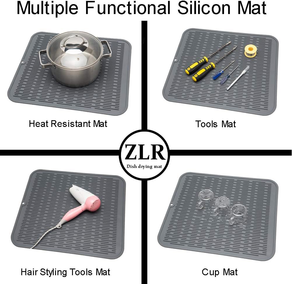 ZLR 2 Pcs Silicone Dish Drying Mats for Kitchen Counter, Eco-Friendly Fast Dry Dish Mat, Easy Clean Multi Usage Drying Matt, Heat Resistant Trivet, 16" x 18" XL, Gray