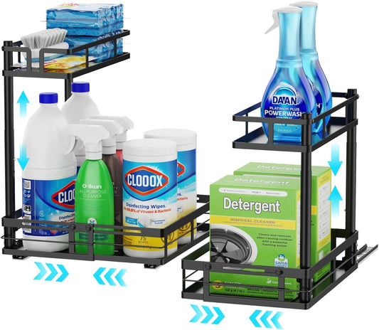 iSPECLE Under Sink Organizer - 2 Pack Under Kitchen Sink Pull Out Organizer Expandable Width Add Storage Space, Adjustable Height Easy Get Items, Under Sink Storage No Drilling Slide Smoothly
