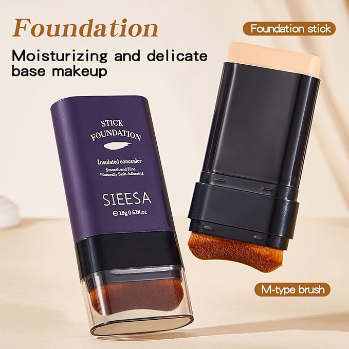 Korean Dual Ended Foundation Stick with Brush, 2 in 1 Concealer Foundation Stick & Contour Makeup, Hydrating Formula - Lightweight, Waterproof, Covers Blemishes (Ivory White)
