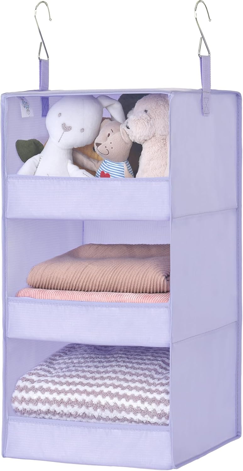 GRANNY SAYS 3 Shelf Hanging Closet Organizers and Storage, Collapsible Closet Storage Organizer with 2 Metal Hooks, Leak-Proof Hanging Shelves for Nursery, Kids Room, Bedroom, 1 Pack, Purple