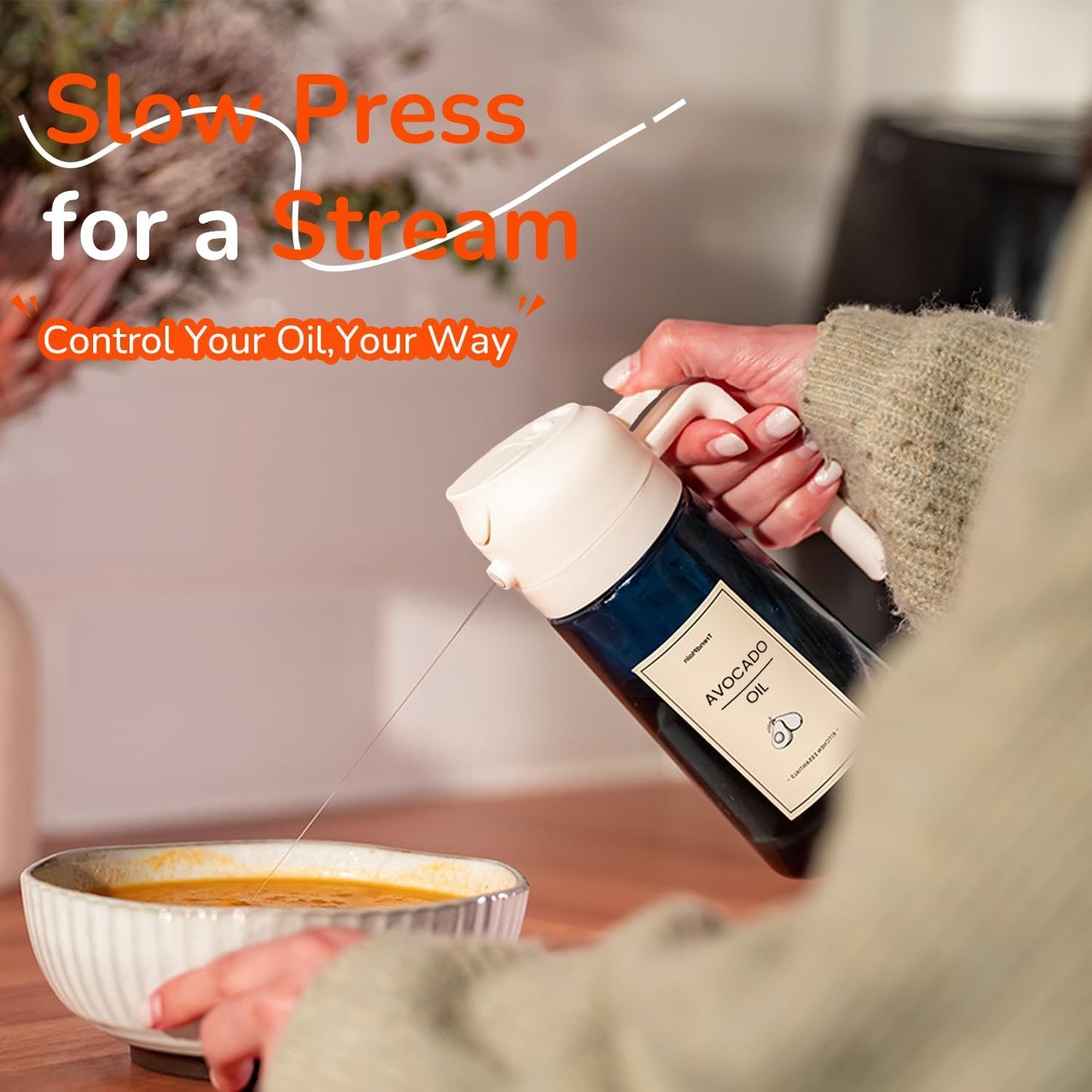 TrendPlain 16oz/470ml Blue Glass Olive Oil Sprayer for Cooking - 2 in 1 Olive Oil Dispenser for Kitchen Gadgets, Air Fryer, Salad, and BBQ - Black & White