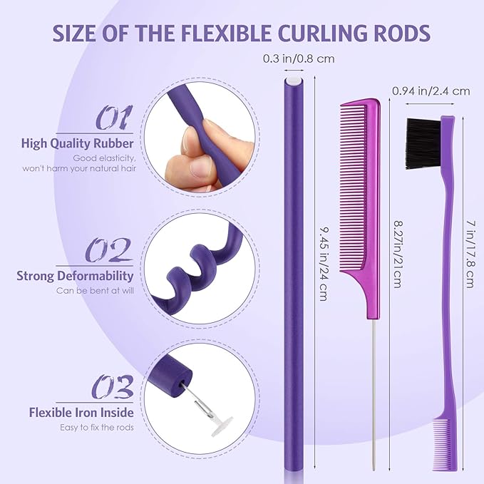 36 Pieces Flexible Foam Curling Rods Twist Foam Hair Roller Bendy Soft No Heat Rollers and Brush Rat Tail Comb for Women Short, Medium, Long Hair(0.32 x 9.4 Inch,Purple)