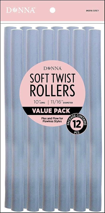 DONNA 10″ Soft Twist Hair Rollers – Flexible Foam Curlers for Heatless Styling – Ideal for Natural Hair, Curls & Overnight Styles (GRAY, 10")