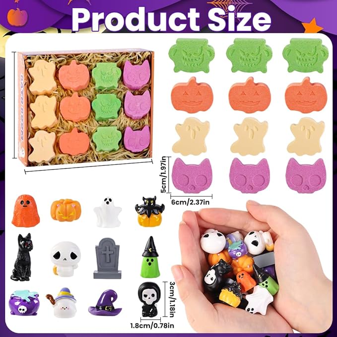 12Pcs Halloween Bath Bombs with Surprise Toys Inside, Trick or Treat Present Set Ghost Shape Organic Natural Bubble Bath Fizzy for Kids Boys Girls