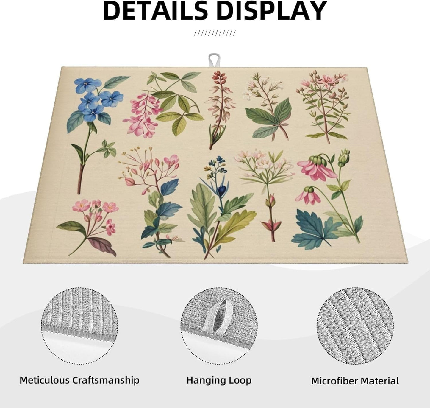 Vintage Plants Herbs Floral Dish Drying Mat Highly Absorbent Double-Sided Microfiber with Hanging Loop Reversible Drain Dish Rack Mat Drain Mat Suitable for Kitchen Countertop Coffee Bar 18 x 24 Inch