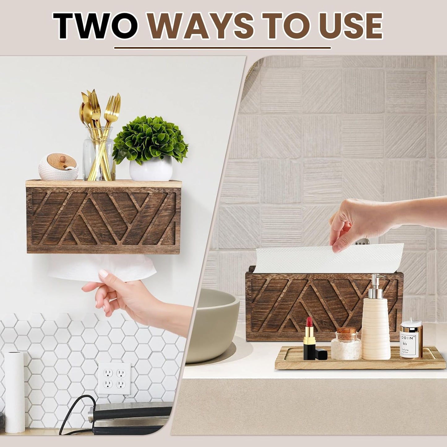 Paper Towel Dispenser Wall Mount, Paper Towel Holder Wall Mounted with Lid, Solid Wood Commercial C-Fold, Z-Fold, Trifold Hand Paper Towel Holder(Dark Brown)