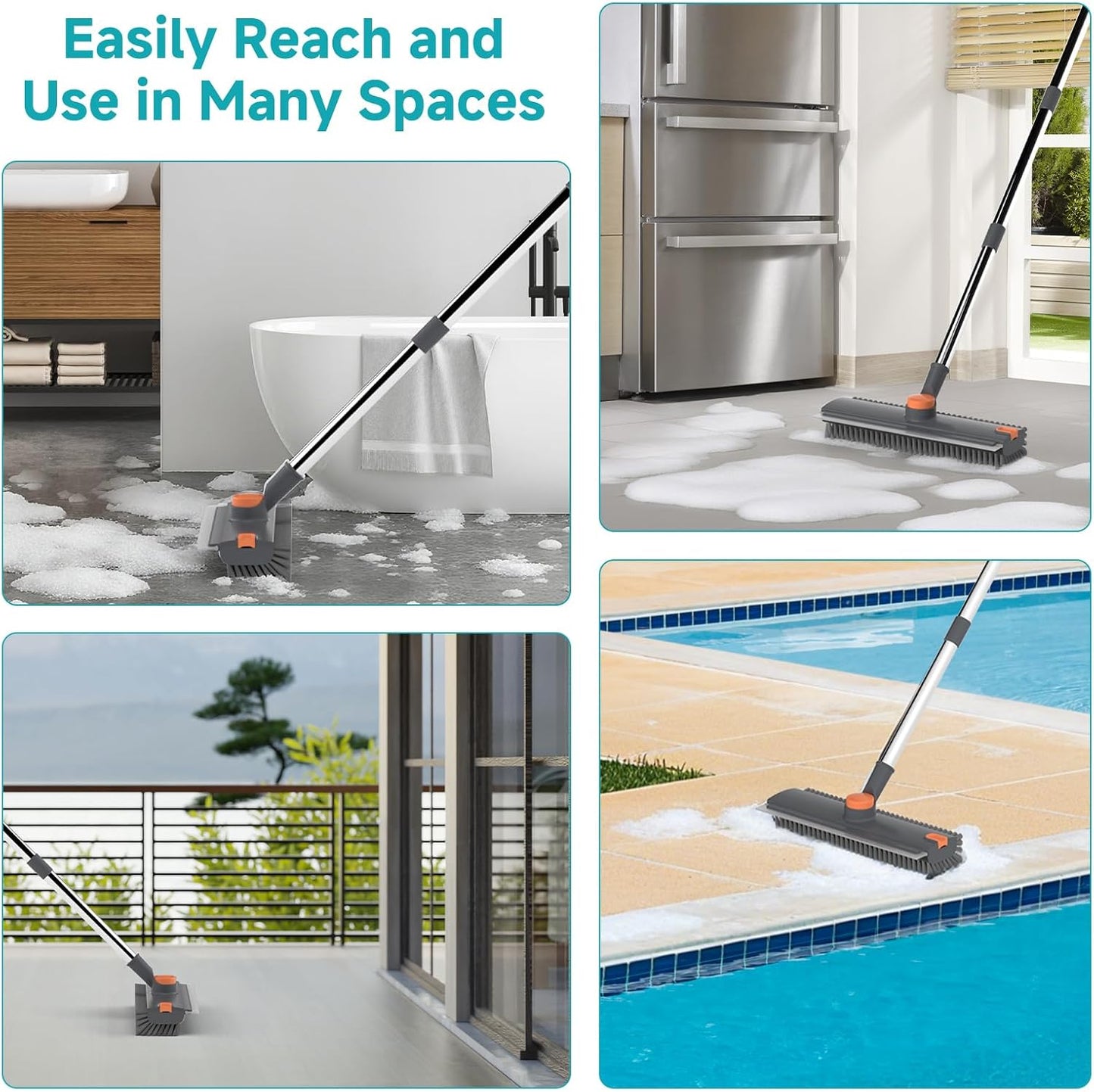 Floor Scrub Brush with Long Handle Length Adjustable, 3 in 1 Heavy-Duty Stiff 90° Bristle Floor Scrubber Broom with Squeegee, Cleaning Brush for Bathroom, Garage, Kitchen, Tile, Deck & Patio (Gray)