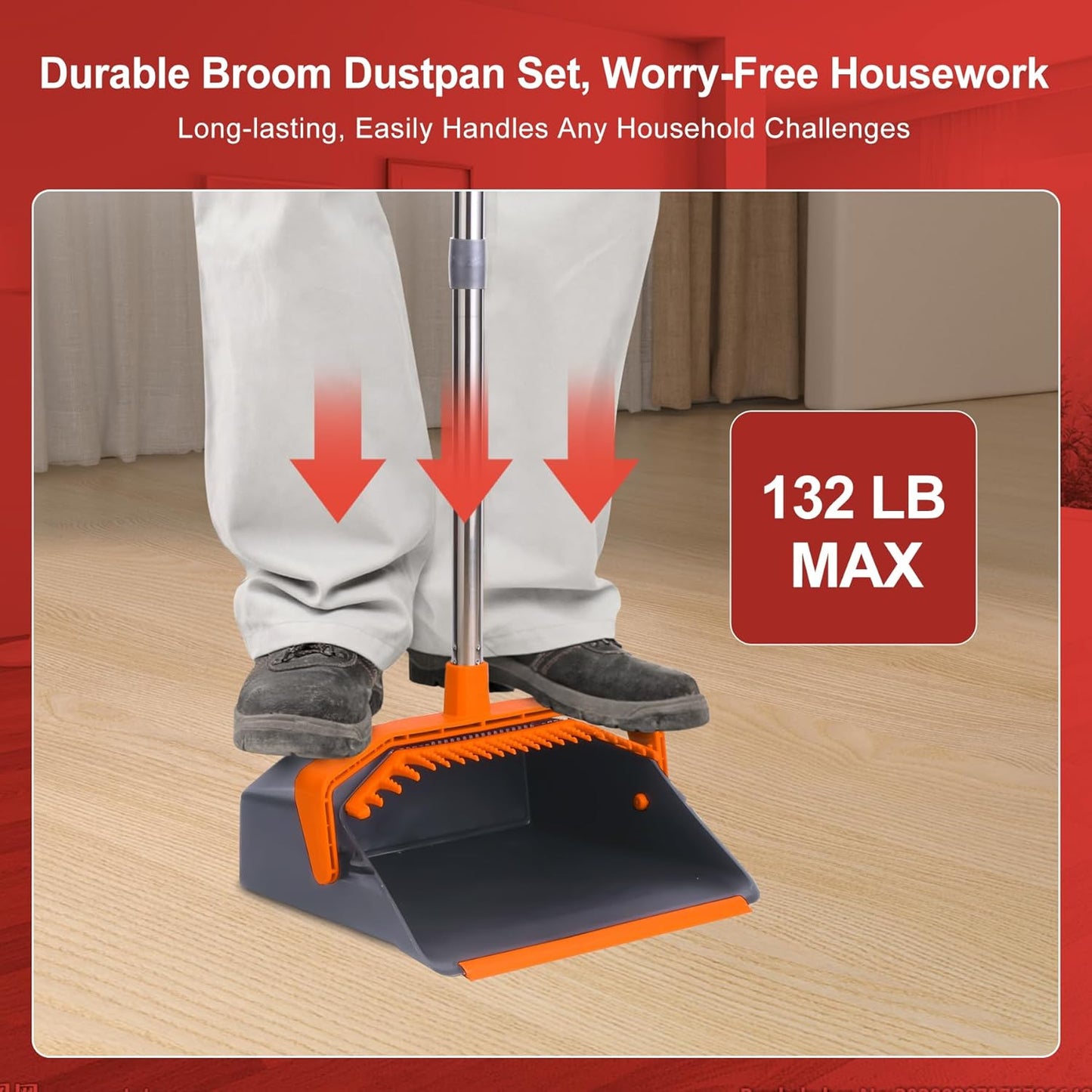 Broom and Dustpan Set with 51'' Long Handle, Upright Broom and Dustpan Combo for Home Kitchen Office Restaurant Garage Lobby Dog Cat Pets Hair - Grey and Orange