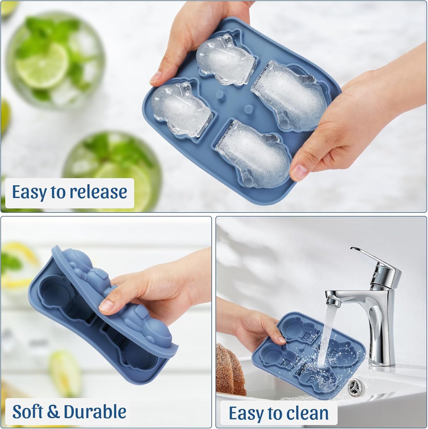 Silicone Ice Cube Tray,Astronaut 3D Large Ice Cube Molds for Whiskey,Cocktails,Wine,Juice and Bourbon,4 Big Cute Animal Ice Trays for Freezer with Lid Easy-Release BPA Free(Astronaut)