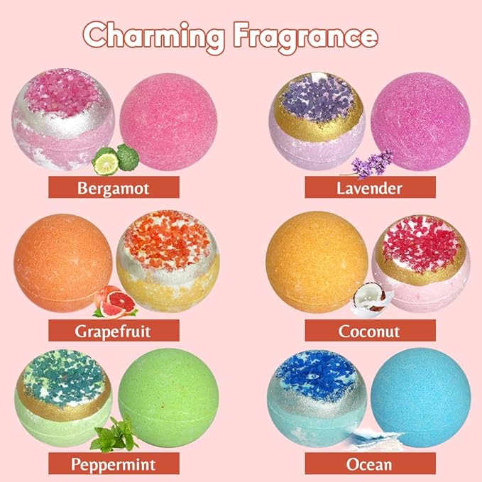 KAV Bath Bombs for Women — Natural Geode Bathbombs for Girls, Tweens | Set of 12 Organic Bath Bomb Giftset with Various Scents and Colors, Moisturizing Spa Fizzies — Essential Oil Infused Gift-Ready