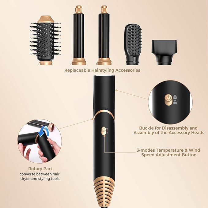 5 in 1 Blow Dryer Brush,Hair Dryer Brush with Detachable Air Styler,Negative Ionic Hair Dryer with Attachments,Hair Dryers for Women Volumizer,Straightener,Drying