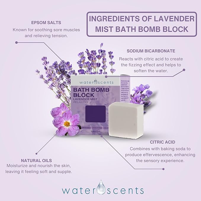 Water Scents Lavender Mist Bath Bomb Block | Vegan, Cruelty-Free & Natural | Lavender Aromatherapy Bath Bomb for Stress Relief & Moisturizing | Handmade Spa Gift for Women, 3.5 oz (6pks)