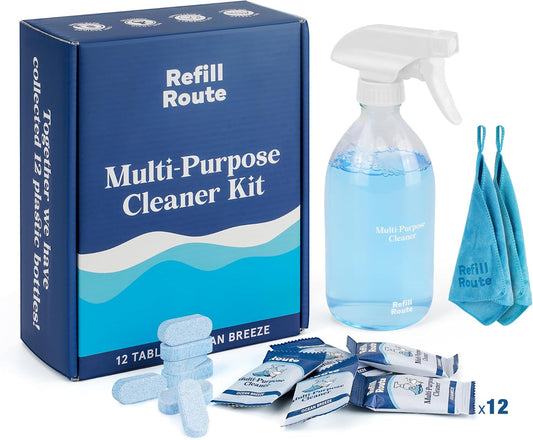 Multi-surface Cleaner Kit, Bathroom Cleaner Spray Tablets & Spray Bottle All Purpose Cleaner, 12 Tablets Multipurpose Cleaner Refills with Reusable Glass Bottle, Plant Based - Ocean Breeze