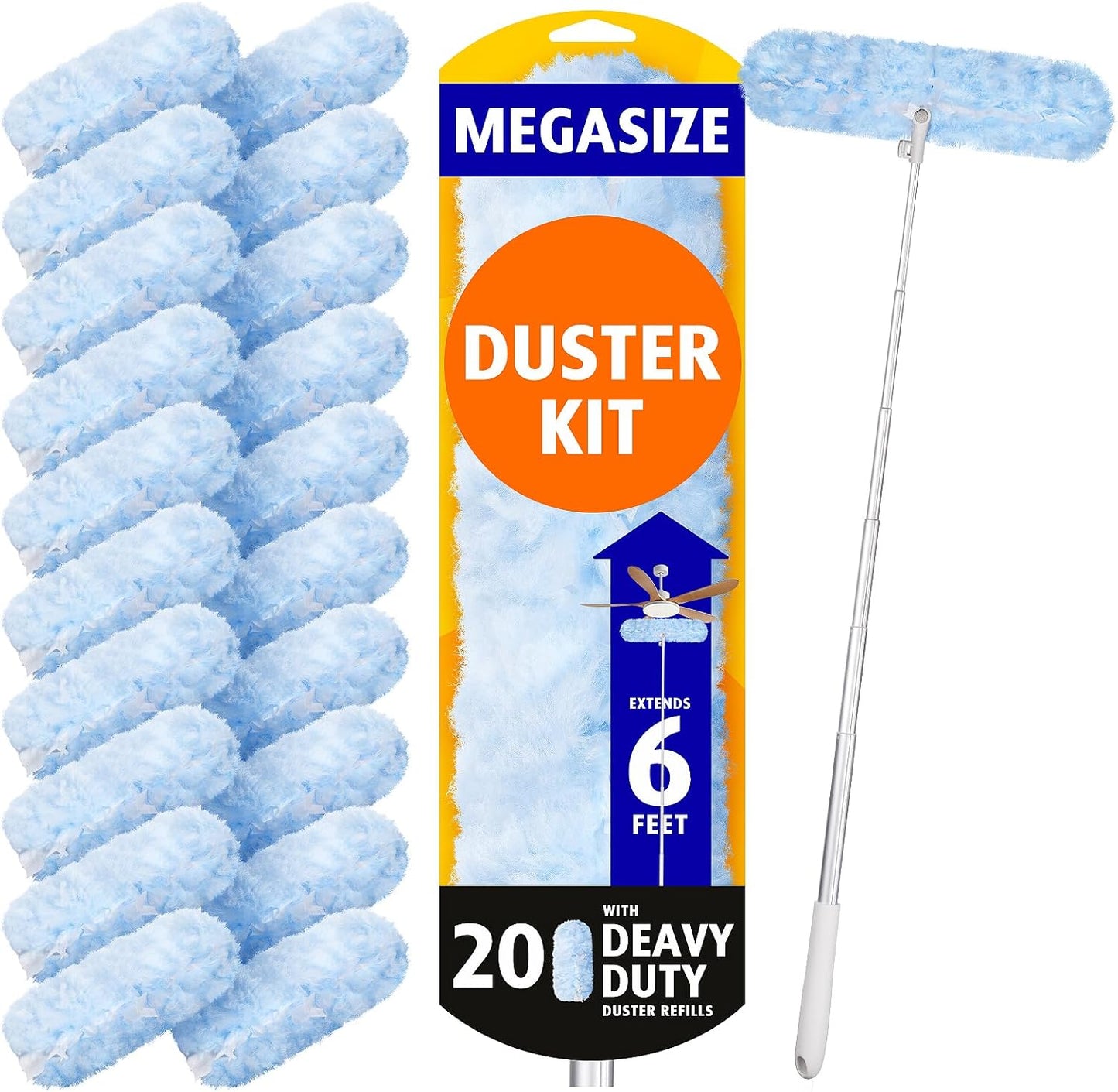 6 ft Extendable Duster Handle with 20 Pcs, Compatible with Swiffer, Disposable Microfiber Dusting Pads for Home Cleaning, Ceiling, Fan, Window, Hard-to-Reach Areas