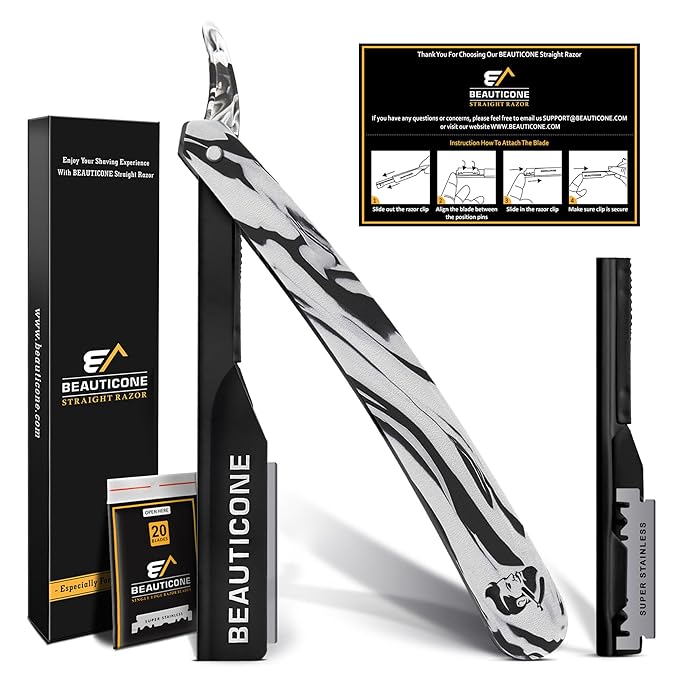 BEAUTICONE® Straight Razors for Men – Professional Barber Straight Edge Razor Kit with Replaceable Single Edge Blades - Navajas Para Barbero - Pouch Gift Box 1.2 mm Exposed for Close Shave Ultra Light