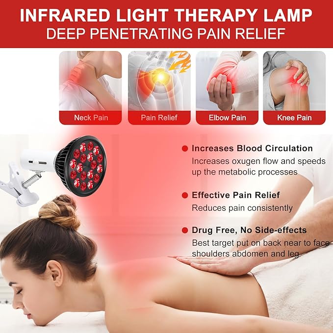 Red Light Therapy Bulb with Adjustable Socket Clamp, 18 LEDs Red Light Therapy with Lamp Holder for Body and Face with 660nm Red and 850nm Infrared Light Therapy Device for Skin Care Pain Relief