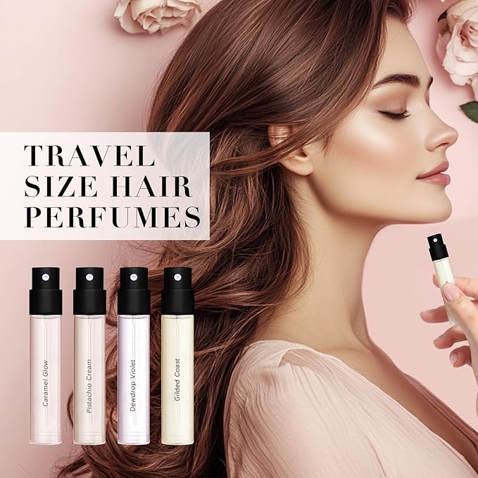 Travel Size Hair Perfume Spray Set for Women, 4 x 0.05 Fl Oz Long Lasting Fresh Scent, Mini Deodorizing Hair Mist, Portable Fragrance Gift Set