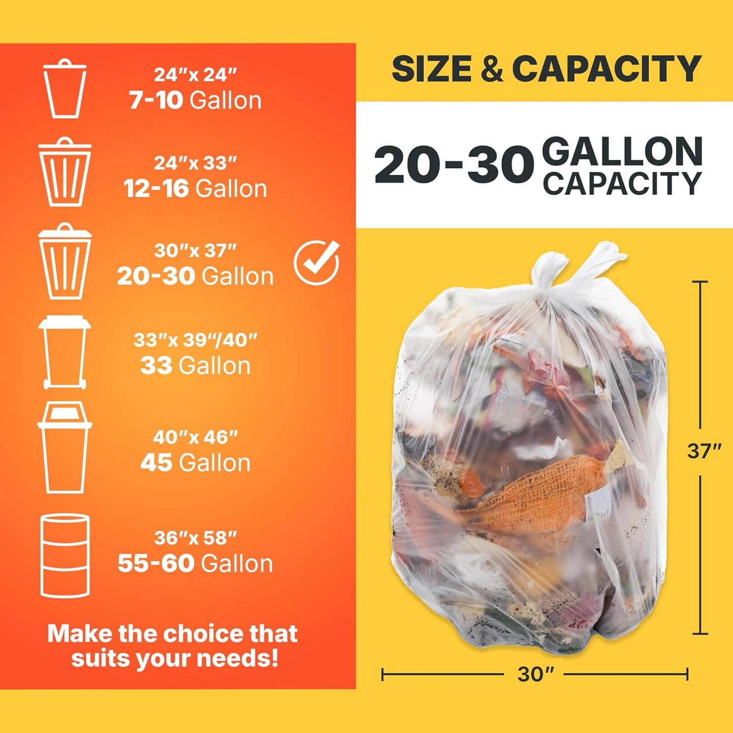 20-30 Gallon Trash Bags, 10 Micron High Density Garbage Can Liners Bulk, 30" x 37", Natural Clear, 500 Count