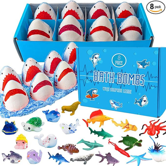 Shark Bath Bombs for Kids with Surprise Inside SEA Animals - Natural and Safe Bath Bombs Gift Set for Girls & Boys - Multicolored Organic Bubble Bath.