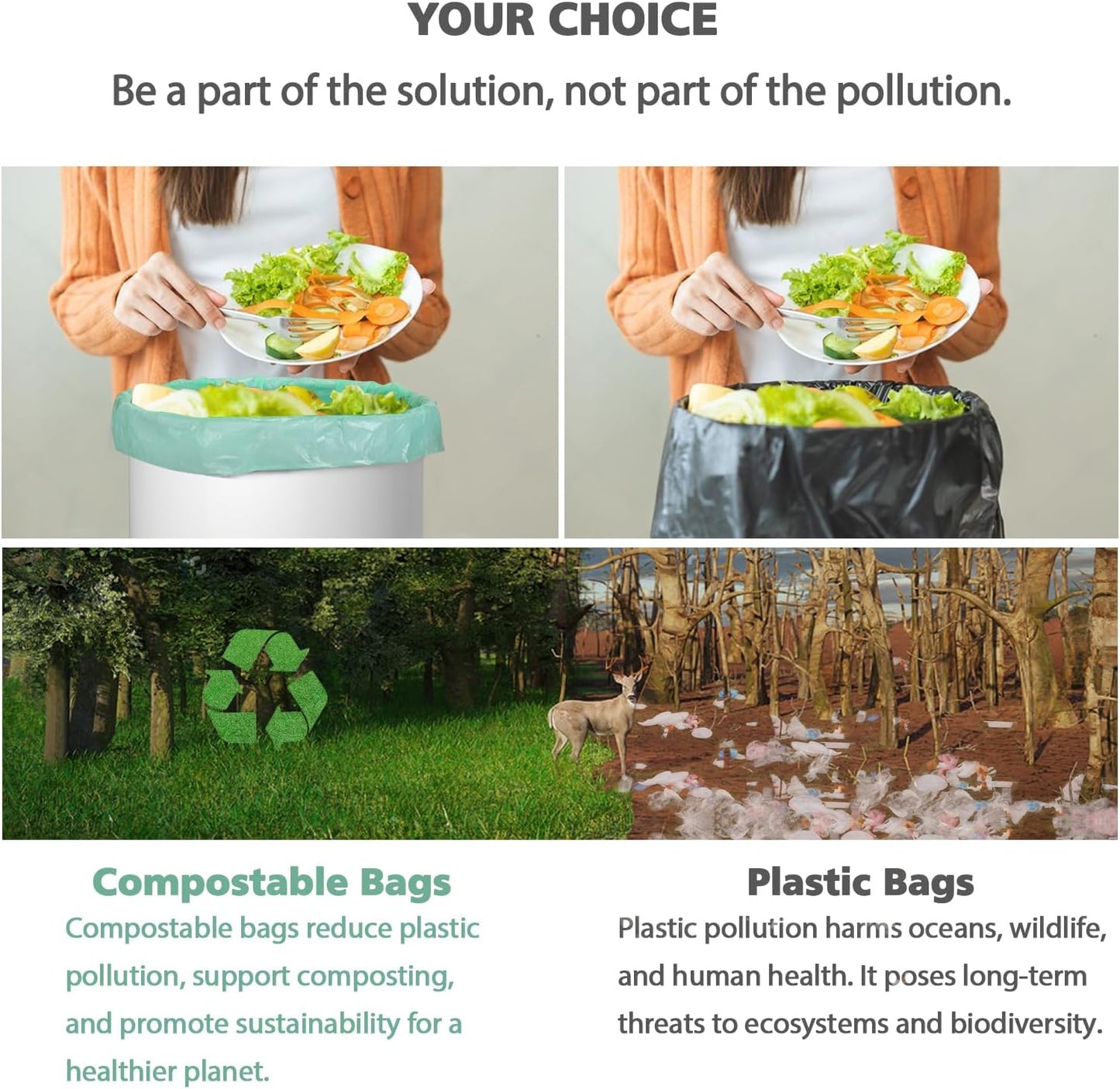 Biodegradable 8 Gallon Trash Bags, AYOTEE Garbage Bags 8 gallon, Compostable Medium Trash Bag, Unscented Leak Proof Bag for Office, Home, Bathroom, Bedroom, Car, Kitchen, Pet(Green)