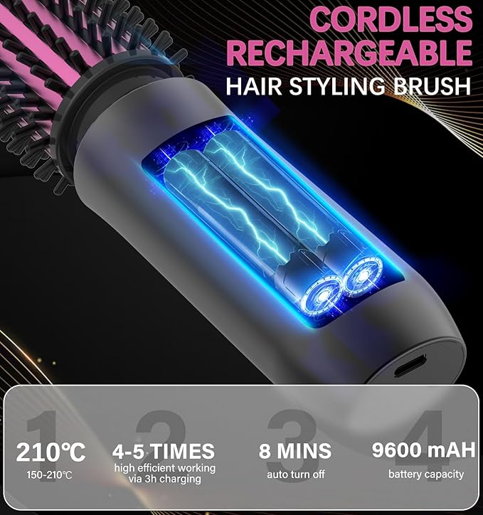 Cordless Hair Curling Iron Brush, Travel Hot Straightener Comb Curl Brush, 3-in-1 Portable Curling Iron Cordless Wand, USB Rechargeable Curling Wand-Blush(Gray)