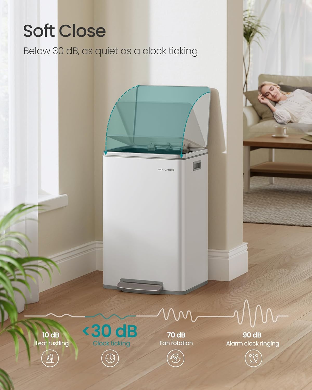 SONGMICS Trash Can, 13-Gallon Gabbage Can, with 15 Trash Bags, Steel, with Soft-Close Lid, Removable Inner Bucket, Handles, Cloud White ULTB595W01V1