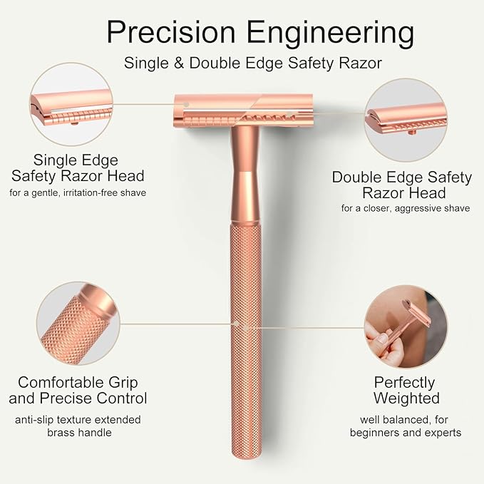 Safety Razor with Stand - Single Blade Razors for Women and Men - Reusable Metal Razor, with 10 Double Edge Blades, Smooth Close Shave, Plastic Free, Rose Gold