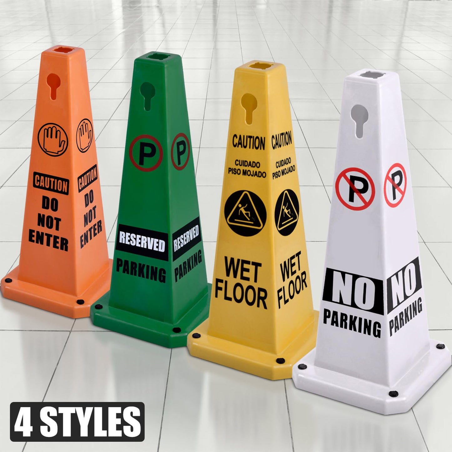 Plastic Traffic Cones, 4-Sided Message Cones, Road Safety Parking Cones, Standing Traffic Warning Signs for Cleaning Area, Garage, No Entry (8, No Parking, Large)