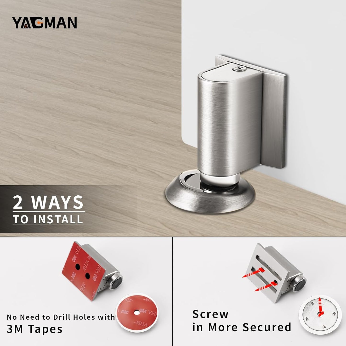 3 Pack Magnetic Door Stoppers Retractable Bottom of Door Holder No Drilling Mount Floor Door Stop with Screws and Adhesive Catch Door Keep Door Open Brushed Nickel BN-3