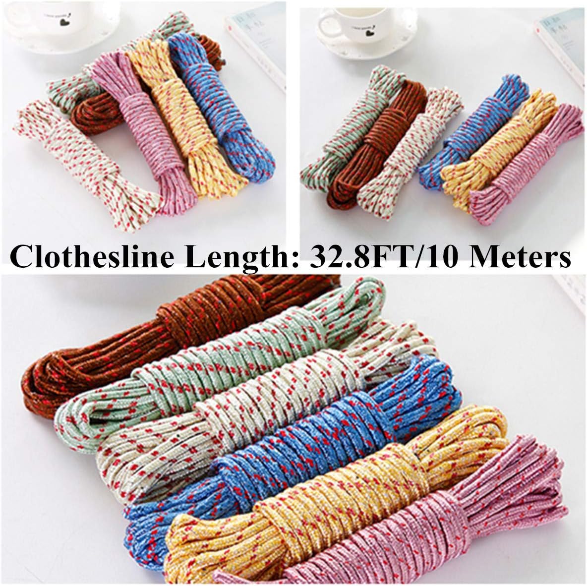 10M Heavy Duty Laundry Drying Clothesline Rope Portable Travel Nylon Cord Sturdy Clothes Line for Outdoor,Camping,Indoor,Crafting,Art Projects,Random Color Pack 2