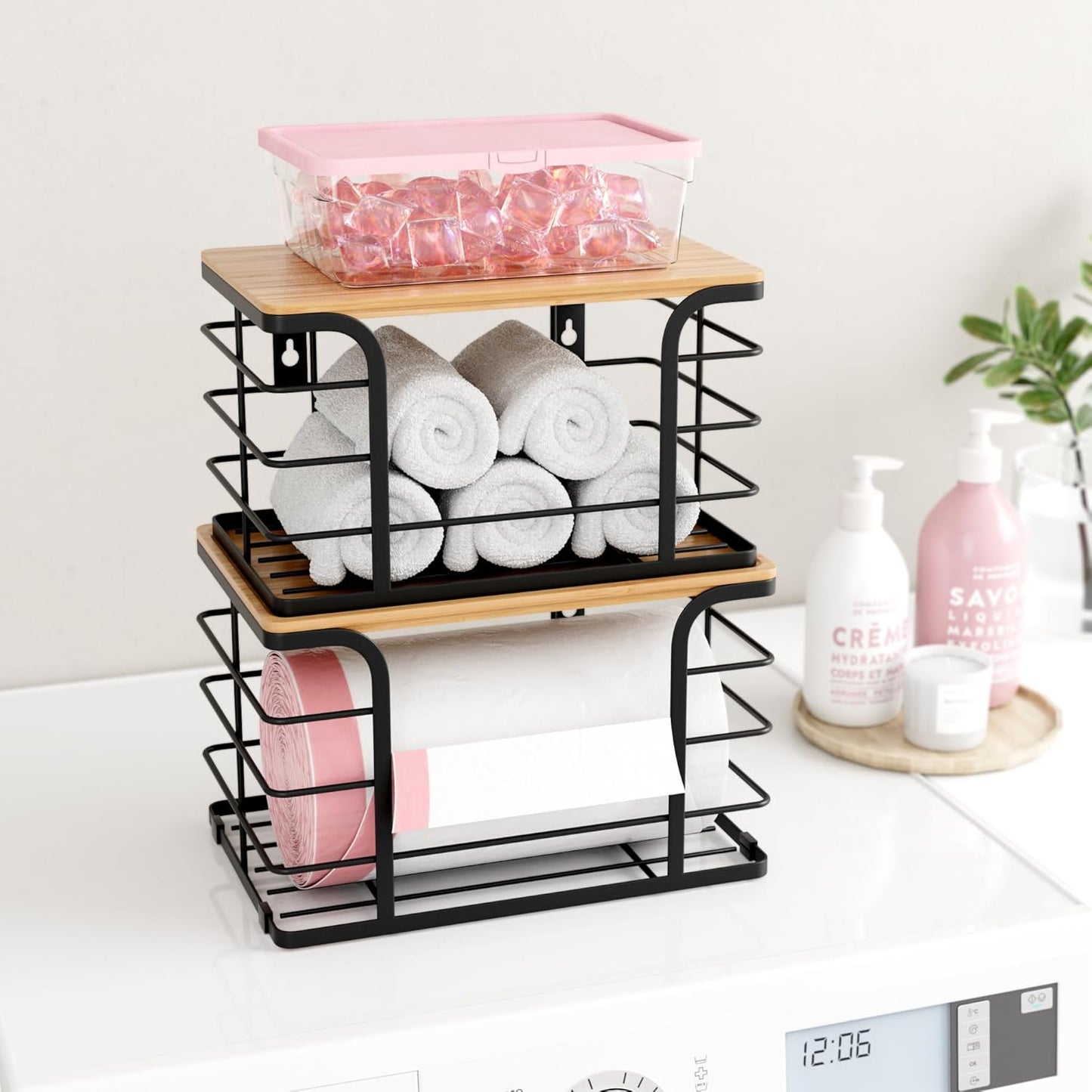 2 Pack Extra Large Stackable Pantry Organizers and Storage,Wall Mount Trash Bag Holder Dispenser with Bamboo Top for Kitchen Laundry Room Organization,Black