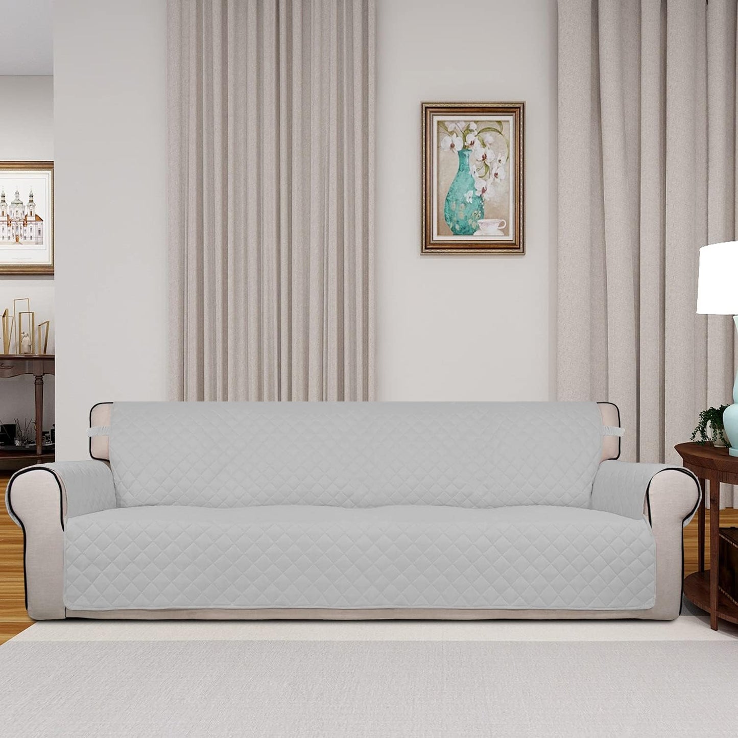 PureFit Reversible Quilted Sofa Cover, Water Resistant Slipcover Furniture Protector, Washable Couch Cover with Non Slip and Elastic Straps for Kids, Dogs, Pets (XX Large, Light Gray/Ivory)
