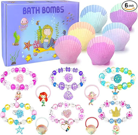 Mermaid Bath Bombs for Kids with Surprise Inside, 6 Pcs Shell Bubble Kids Bath Bombs Kit with Mermaid Toys, Birthday Christmas Jewelry Gifts for Girls Easter Basket Stuffer