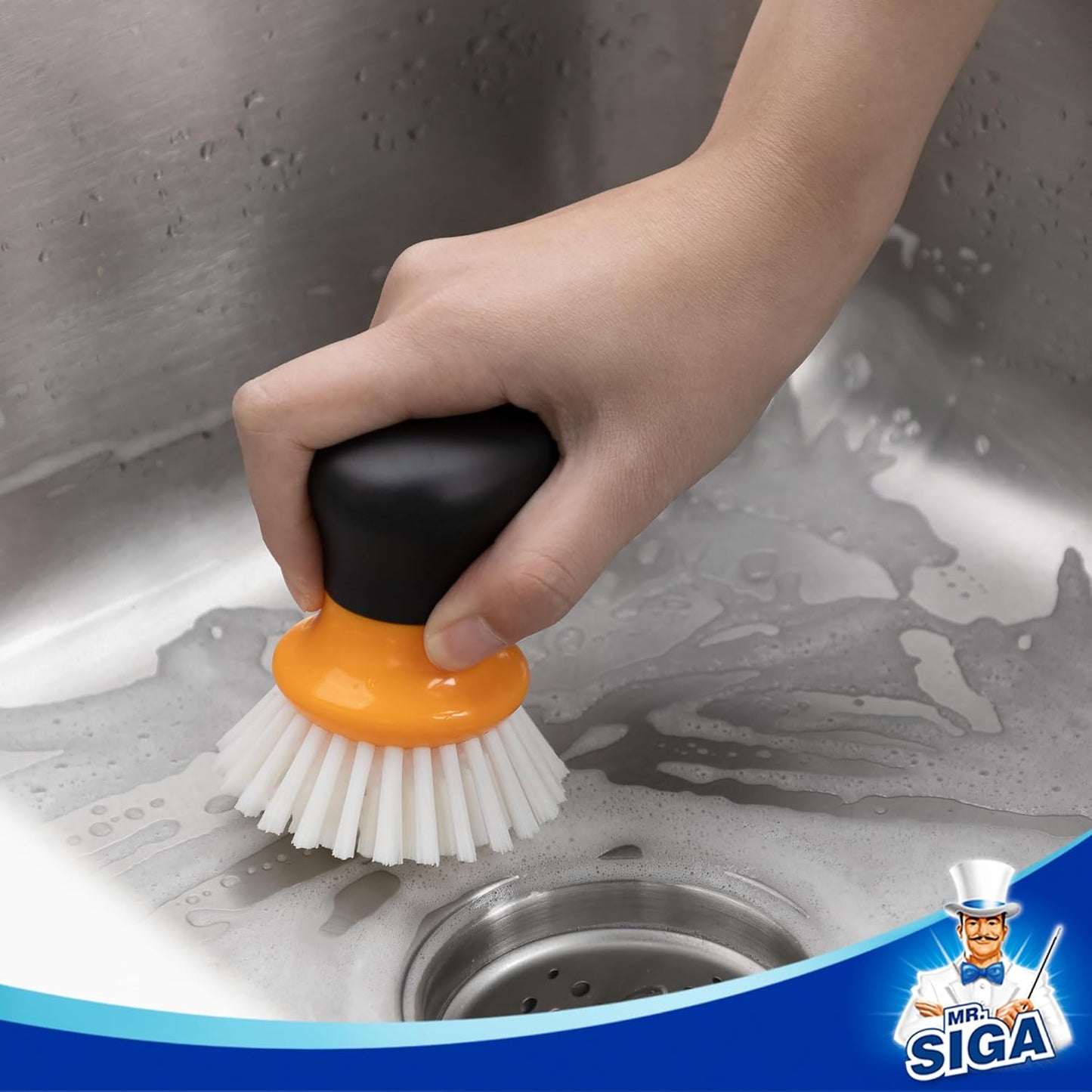 MR.SIGA Dish Scrub Brush, Palm Brush Dish Scrubber with Ergonomic Grip, Kitchen Brushes for Dishes, Orange, Pack of 2