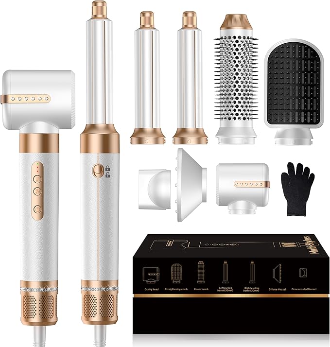 7 in ONE Hair Dryer Brush, Powerful Blow Dryer Brush with Auto- Wrap Curler, Detachable Fast Drying, Volumizing, Curling, Straightening, Ionic Hair Dryer with Diffuser, Hair Styling Tools 100-120V