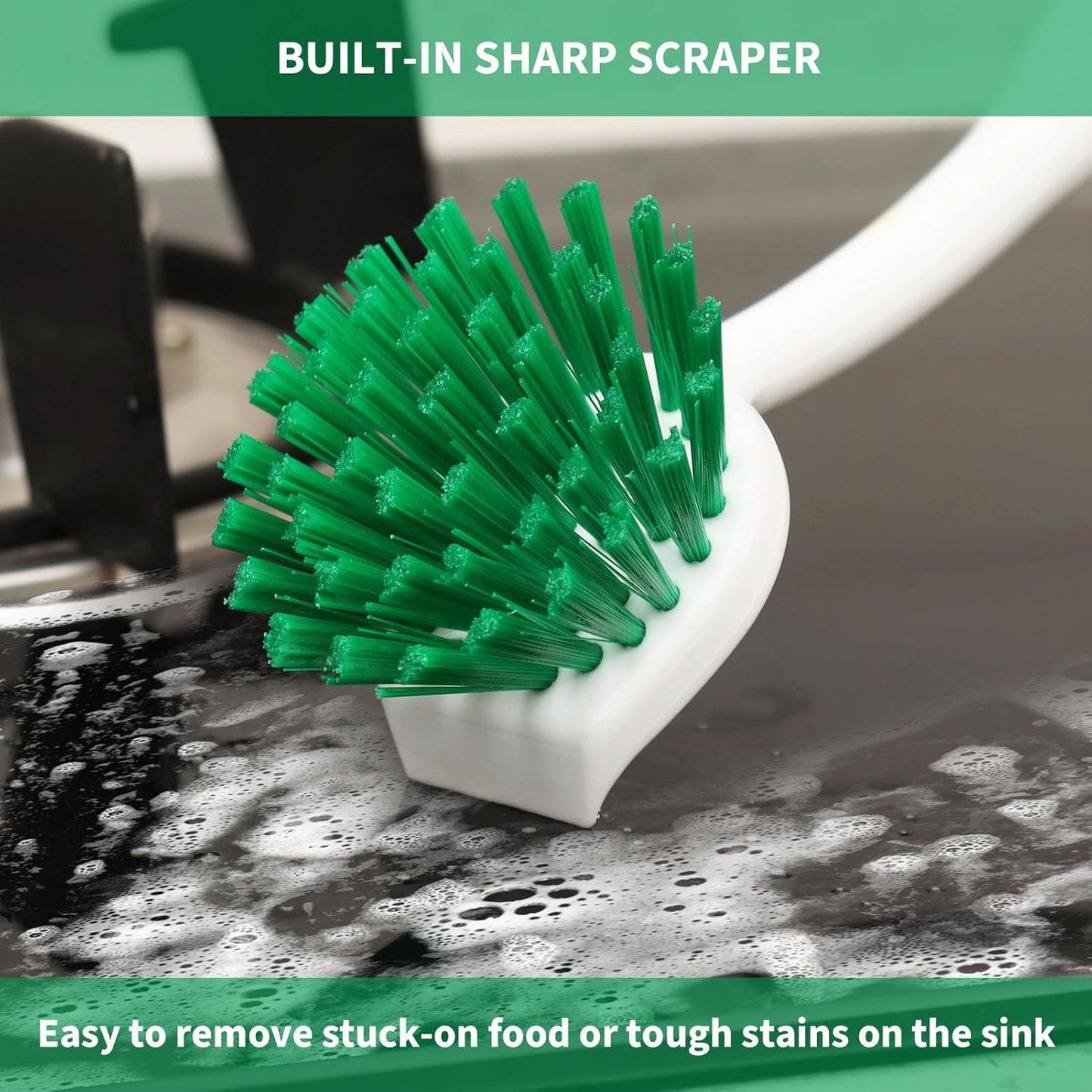 Dish Brush with Handle, 2 Pack Scrub Brushes with Built-in Scraper for Cleaning Kitchen, Pots, Pans and Sink, Scrubber Washing Tools, Green