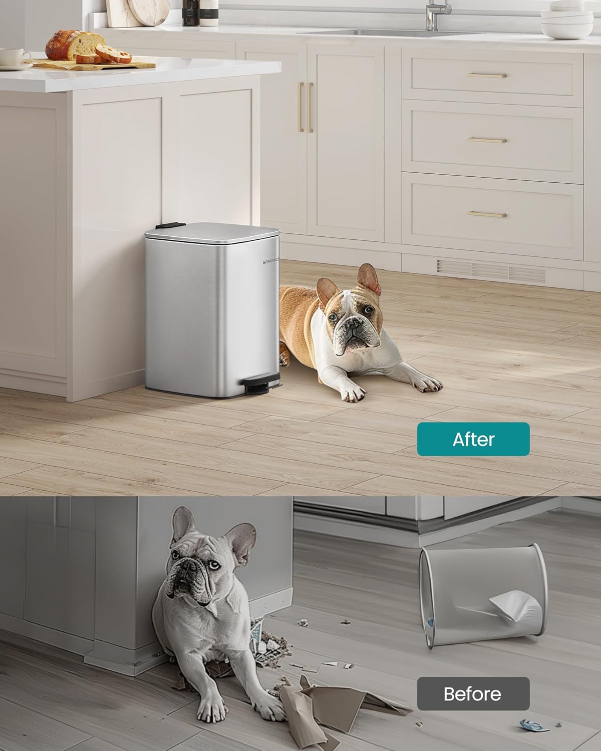 SONGMICS Kitchen Trash Can, 5.2-Gallon (20 L) Trash Bin, Stainless Steel Garbage Can, with Inner Bucket, Soft Close and Stays Open, Metallic Silver ULTB592E01