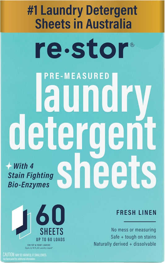 restor Laundry Detergent Sheets Fresh Linen 60 Loads | Eco Friendly Plastic Free Travel Laundry Washer Sheets | Superior Stain Fighting Washing Detergent sheets Number One in Australia
