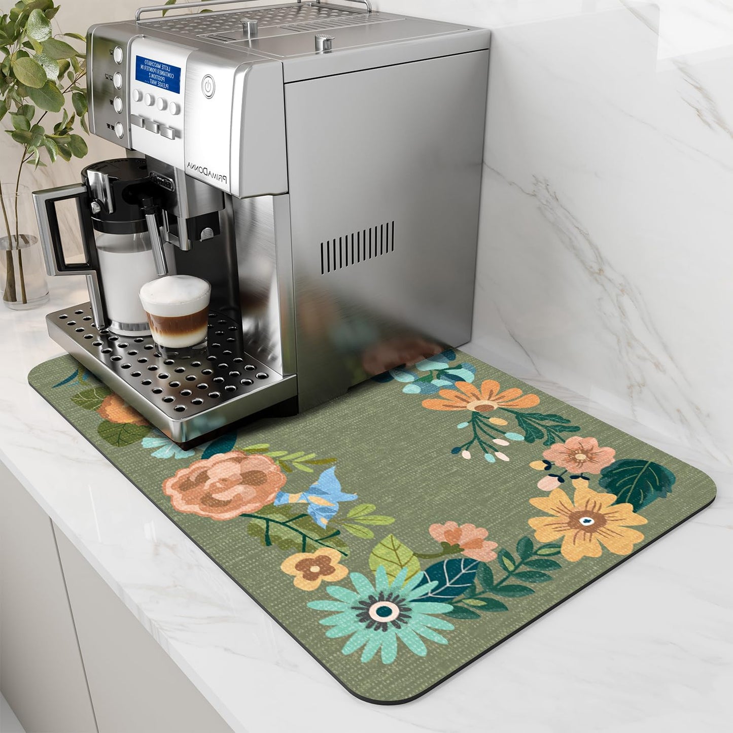 AMOAMI Coffee Mat - Hide Stain Rubber Backed Absorbent Dish Drying Mat for Kitchen Counter - Bar Accessories Fit Under Coffee Maker, Espresso Machine, Dish Rack - Floral Green 16x24