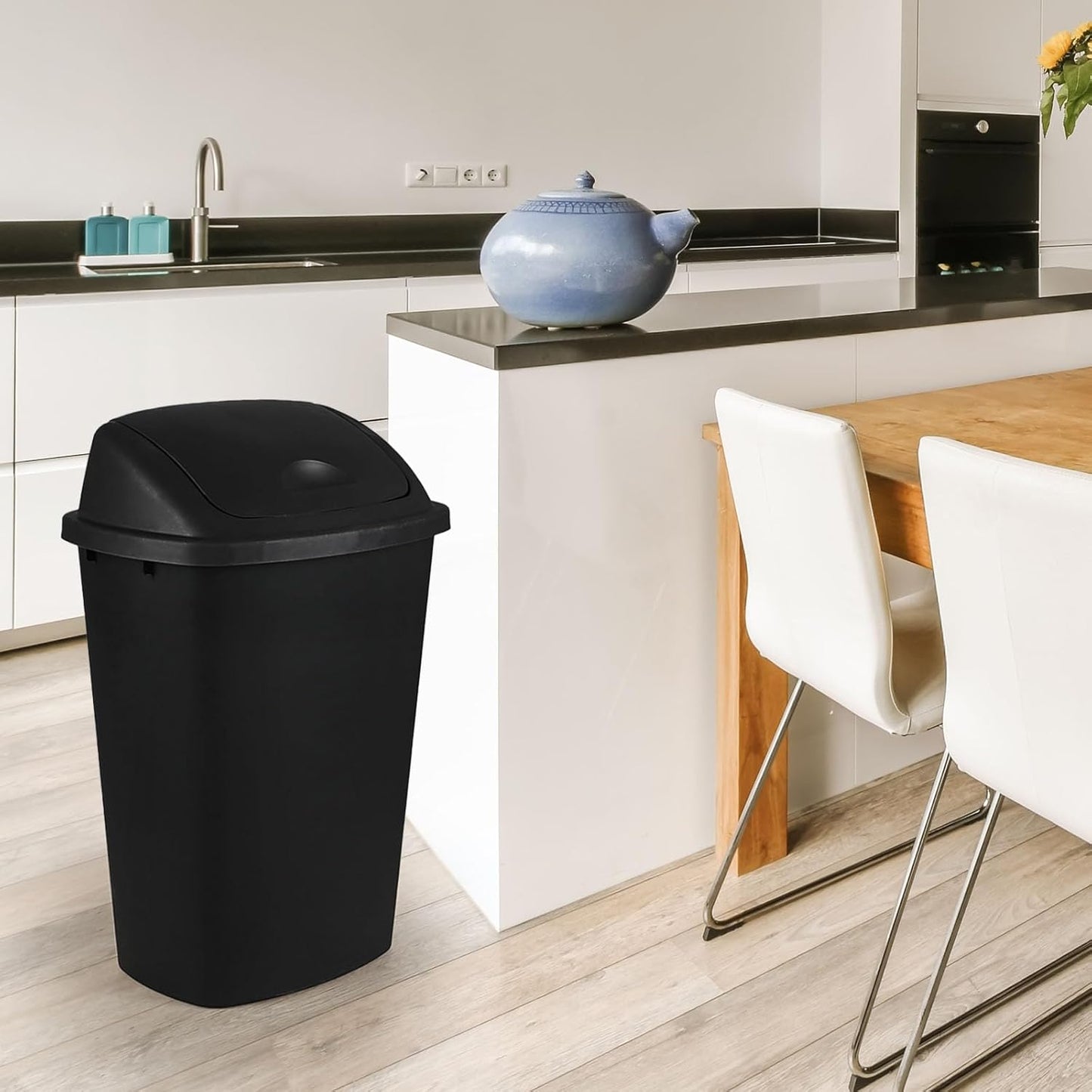 Bringer Black 13 Gallon Kitchen Trash Can with Swing Lid, Plastic Swing Top Tall Garbage Can, 4-Pack