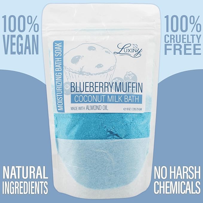 Luxiny Vegan Milk Bath Soak Made with Moisturizing Coconut Milk Powder & Sweet Almond Oil for a Bath Bomb Dust Soothing Fizz & Relaxing Soak, 8 oz. (Blueberry Muffin)