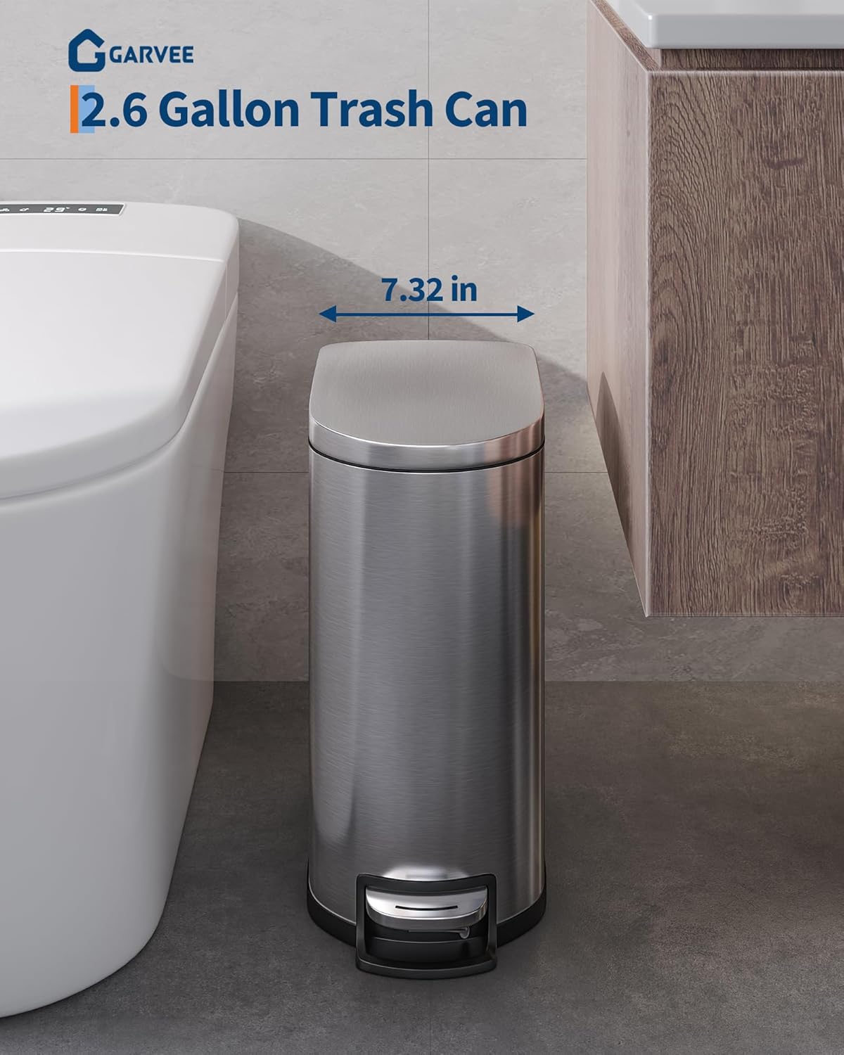 Garvee 13 Gal (50 L) and 2.6 Gal (10 L) Stainless Steel Trash Can Combo Set, Rustproof Garbage Can with Lid for Kitchen and Bathroom, Step-on Trash Bin with Inner Bucket, Rear Handle, Silver