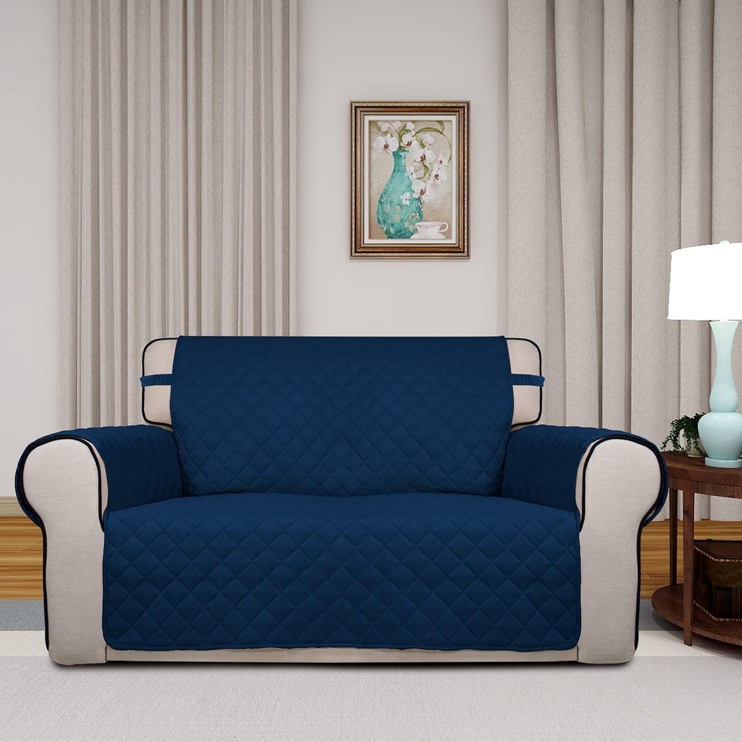 PureFit Reversible Quilted Sofa Cover, Water Resistant Medium Slipcover Furniture Protector, Washable Couch Cover with Non Slip Foam and Elastic Straps for Kids, Pets (Loveseat, Navy/Navy)