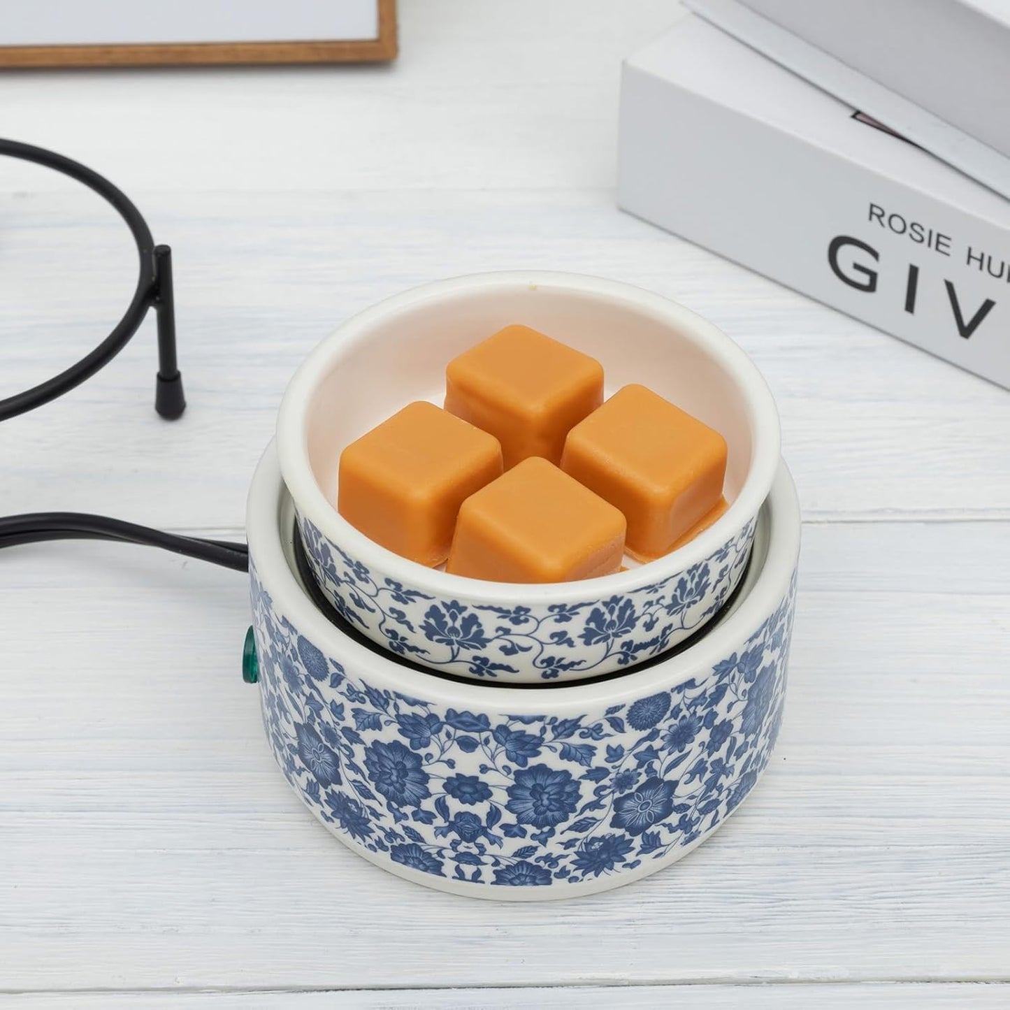 Blue & White Porcelain Pattern Wax Melt Warmer,Ceramic 3-in-1 Electric Candle Wax Warmer for Scented Wax Melter Oil Burner for Home Office Bedroom Gift & Decor (with KD Iron Shelf)