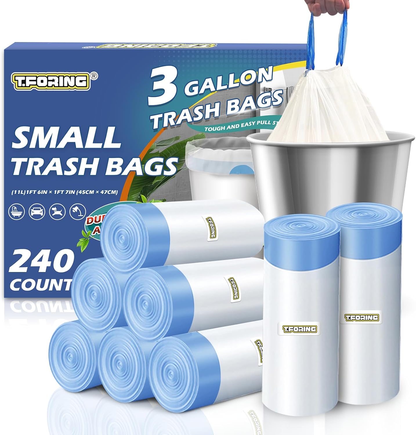 240 Count 3 Gallon Trash Bags Drawstring - 12 Liter Small Garbage Bags for Bathroom, 0.96 Mil Strong White Unscented Plastic Wastebasket Bin Liners for Toilet Office and Bedroom